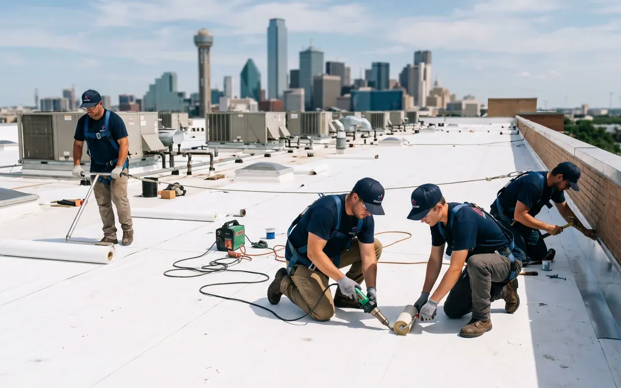 Commercial flat-roof and TPO standing-seam metal roofing project in DFW