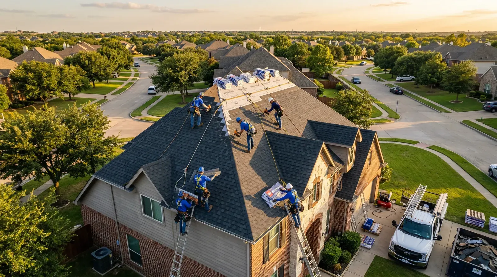 Aerial view of asphalt shingle roof replacement on a Keller TX home by a licensed DFW roofing contractor after hail damage